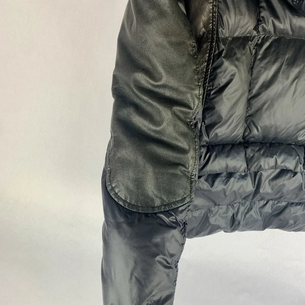 Womens Down Puffer Jacket Size Small Nylon Leather Hooded Black Chic Minimalist